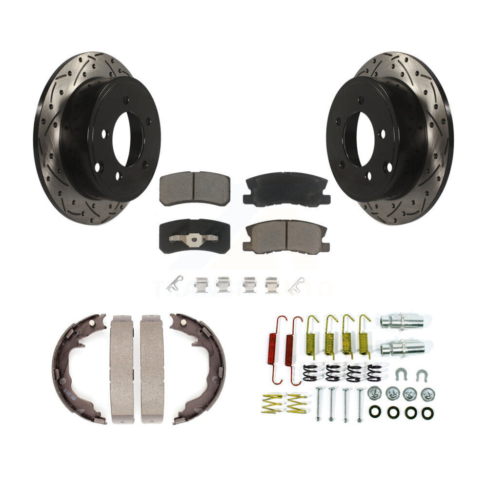 Rear Disc Drilled & Slotted Rotors Ceramic Pads Parking Brake Shoes Hardware Kit For Jeep KDC-101920