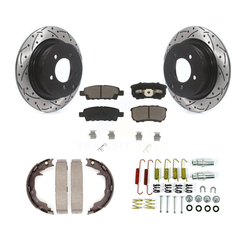 Rear Disc Drilled & Slotted Rotors Ceramic Pads Parking Brake Shoes Hardware Kit For Jeep KDC-101921