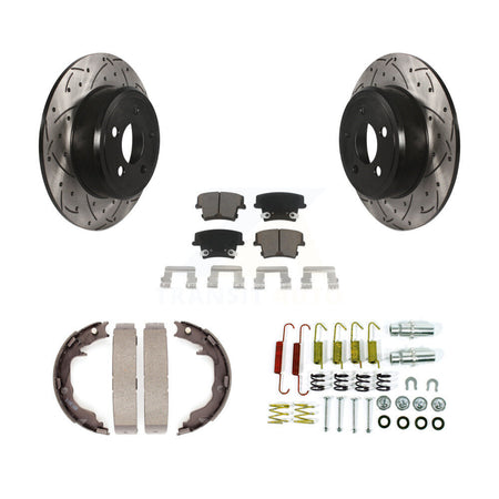 Rear Disc Drilled & Slotted Rotors Ceramic Pads Parking Brake Shoes And Hardware Kit For KDC-101922