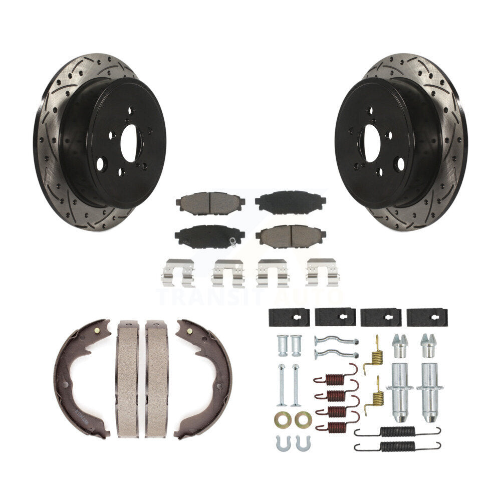 Rear Disc Drilled & Slotted Rotors Ceramic Pads Parking Brake Shoes And Hardware Kit For KDC-101927