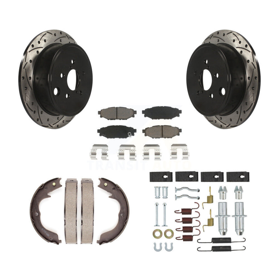 Rear Disc Drilled & Slotted Rotors Ceramic Pads Parking Brake Shoes And Hardware Kit For KDC-101927