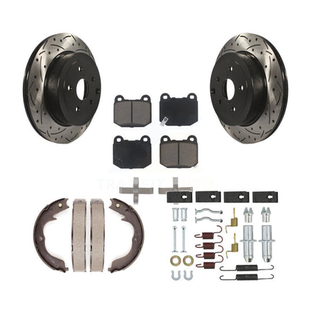 Rear Disc Drilled & Slotted Rotors Ceramic Pads Parking Brake Shoes And Hardware Kit For KDC-101928