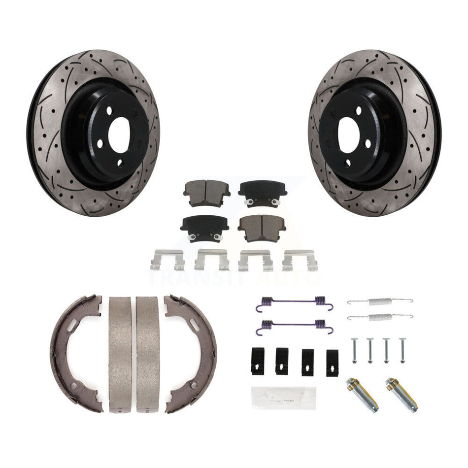 Rear Disc Drilled & Slotted Rotors Ceramic Pads Parking Brake Shoes And Hardware Kit For KDC-101930