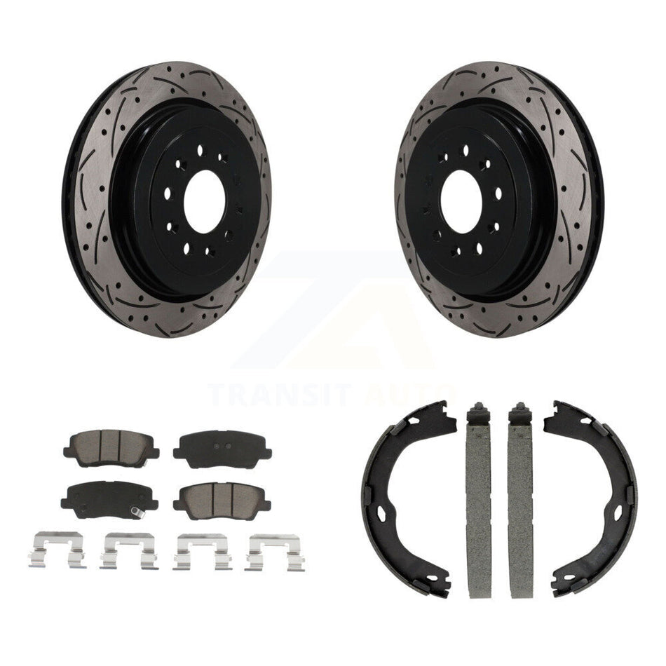 Rear Disc Drilled & Slotted Rotors Ceramic Pads Parking Brake Shoes Kit For Cadillac ATS KDC-101931