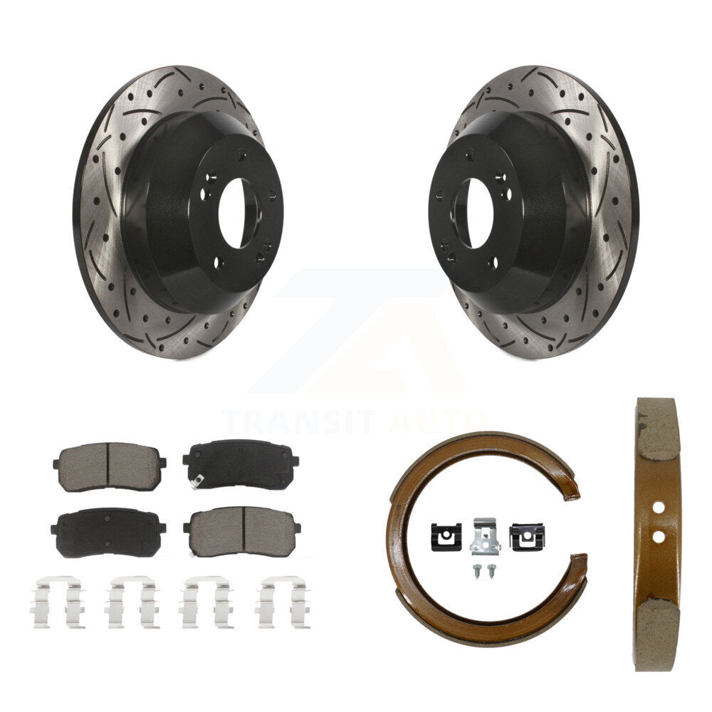 Rear Disc Drilled & Slotted Rotors Ceramic Pads Parking Brake Shoes Kit For Kia Sedona KDC-101936