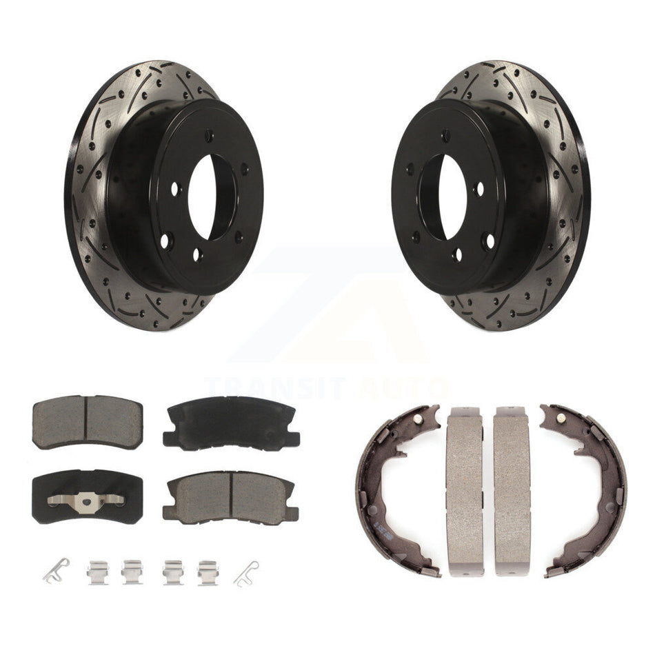 Rear Disc Drilled & Slotted Rotors Ceramic Pads Parking Brake Shoes Kit For Jeep Patriot KDC-101943