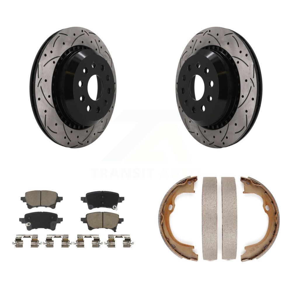 Rear Disc Drilled & Slotted Rotors Ceramic Pads Parking Brake Shoes Kit For Jeep Wrangler KDC-101945
