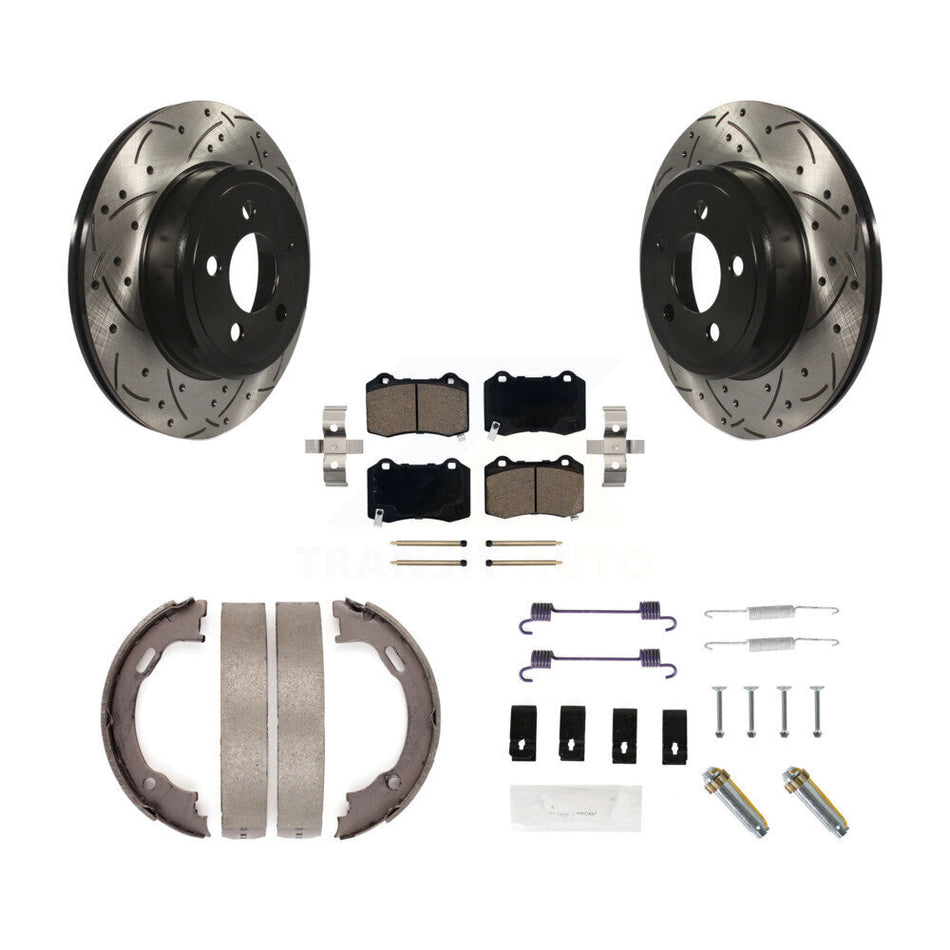 Rear Disc Drilled & Slotted Rotors Ceramic Pads Parking Brake Shoes And Hardware Kit For KDC-101965
