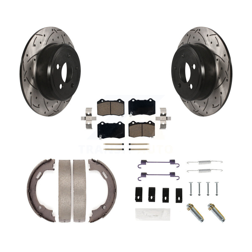 Rear Disc Drilled & Slotted Rotors Ceramic Pads Parking Brake Shoes And Hardware Kit For KDC-101966
