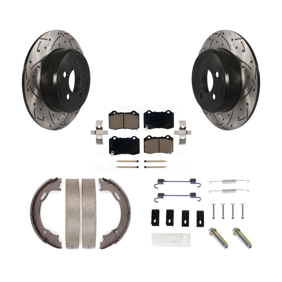 Rear Disc Drilled & Slotted Rotors Ceramic Pads Parking Brake Shoes And Hardware Kit For KDC-101966