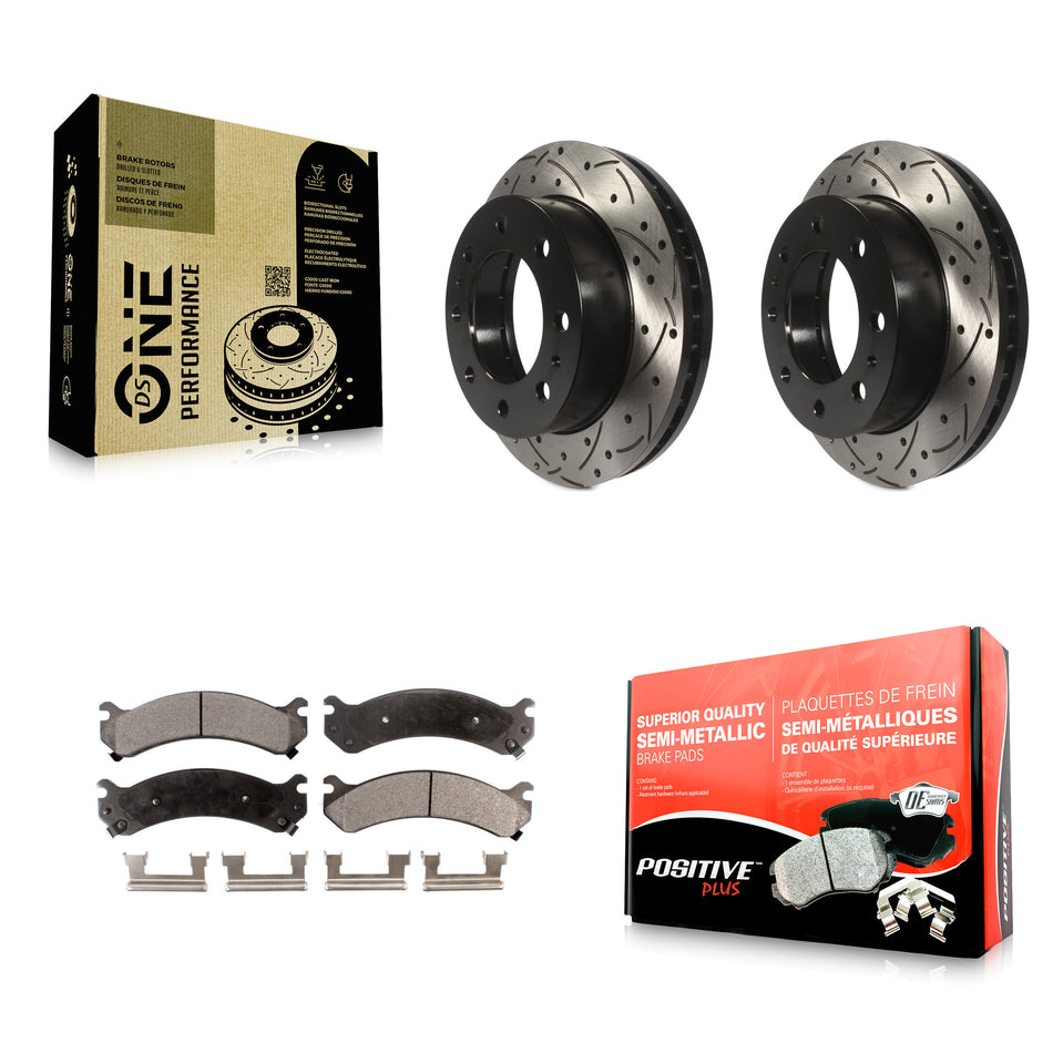Front Drilled Slot Brake Rotors Semi-Metallic Pad Kit For Chevrolet Silverado 2500 HD GMC Express 3500 Sierra Cadillac DeVille Savana Hummer H2 Classic 1500 Suburban Yukon XL KDF-100001