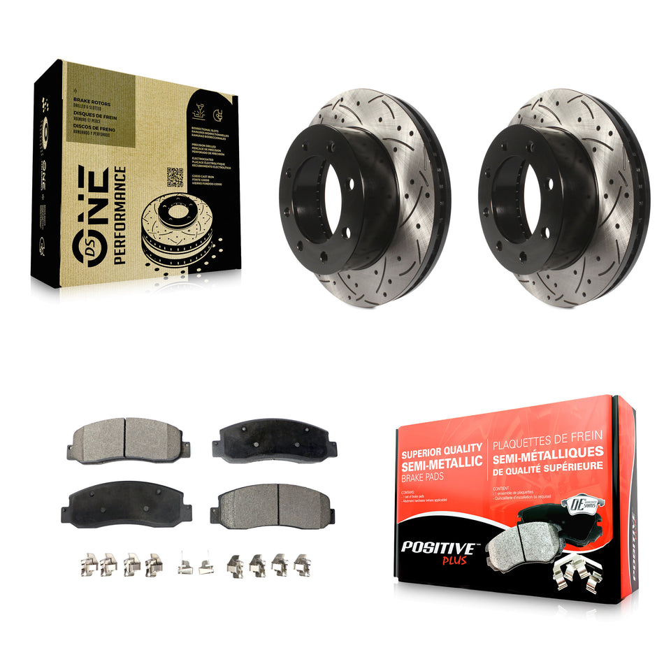 Front Coated Drilled Slotted Disc Brake Rotors And Semi-Metallic Pads Kit For Ford F-250 Super Duty F-350 KDF-100017