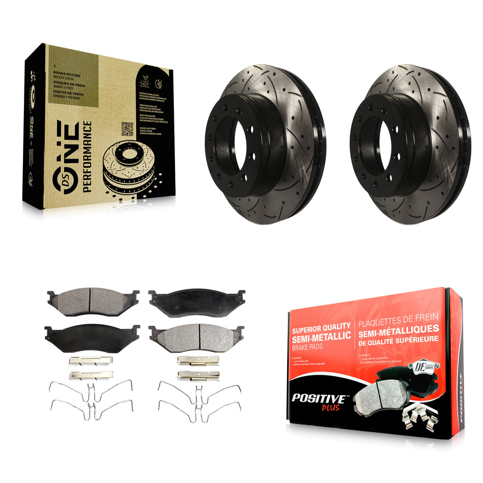 Front Coated Drilled Slotted Disc Brake Rotors And Semi-Metallic Pads Kit For Ford F-450 Super Duty F-550 International CF500 CF600 KDF-100020