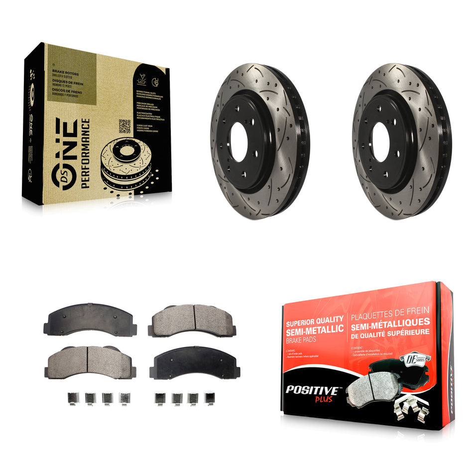 Front Coated Drilled Slotted Disc Brake Rotors And Semi-Metallic Pads Kit For 2010-2014 Ford F-150 With 7 Lug Wheels KDF-100030
