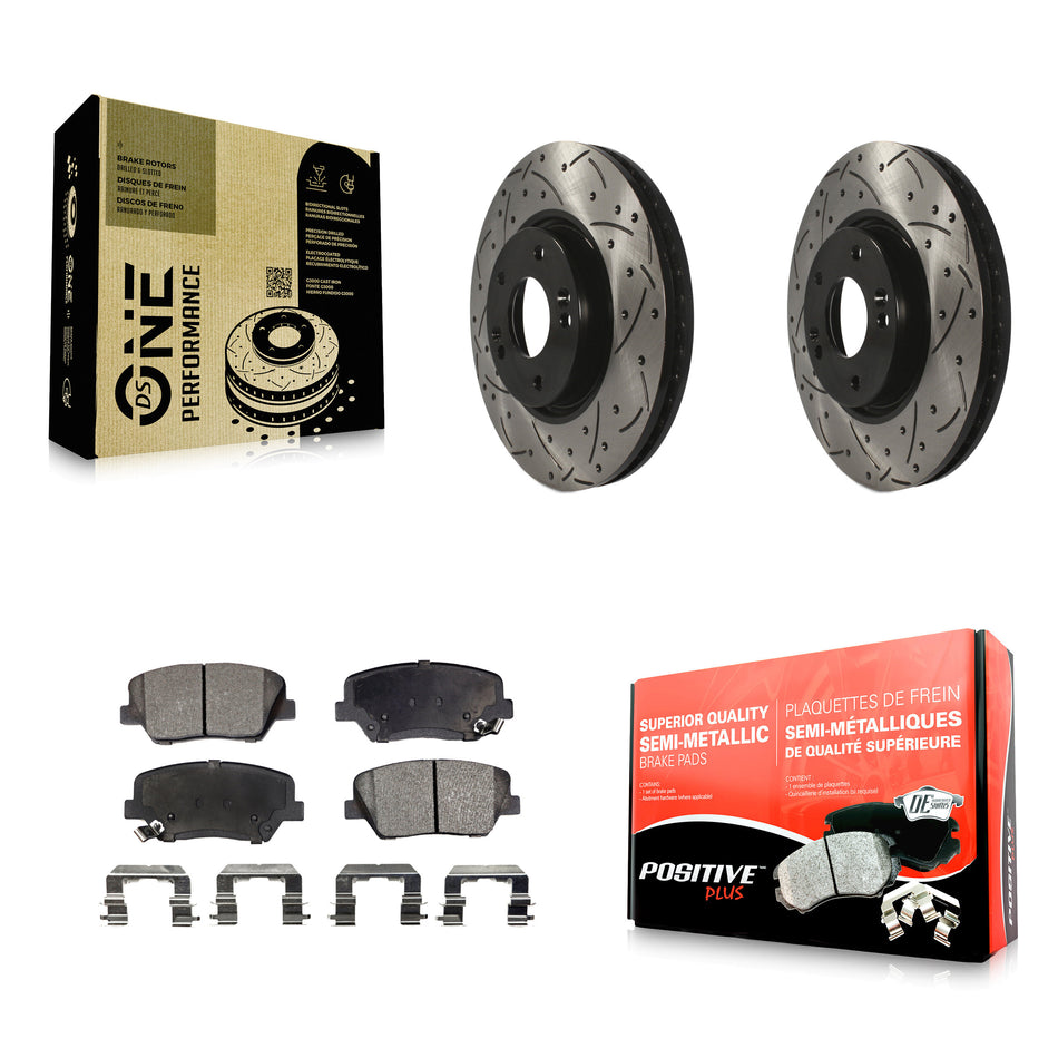 Front Coated Drilled Slotted Disc Brake Rotors And Semi-Metallic Pads Kit For 2014-2017 Kia Rondo KDF-100087