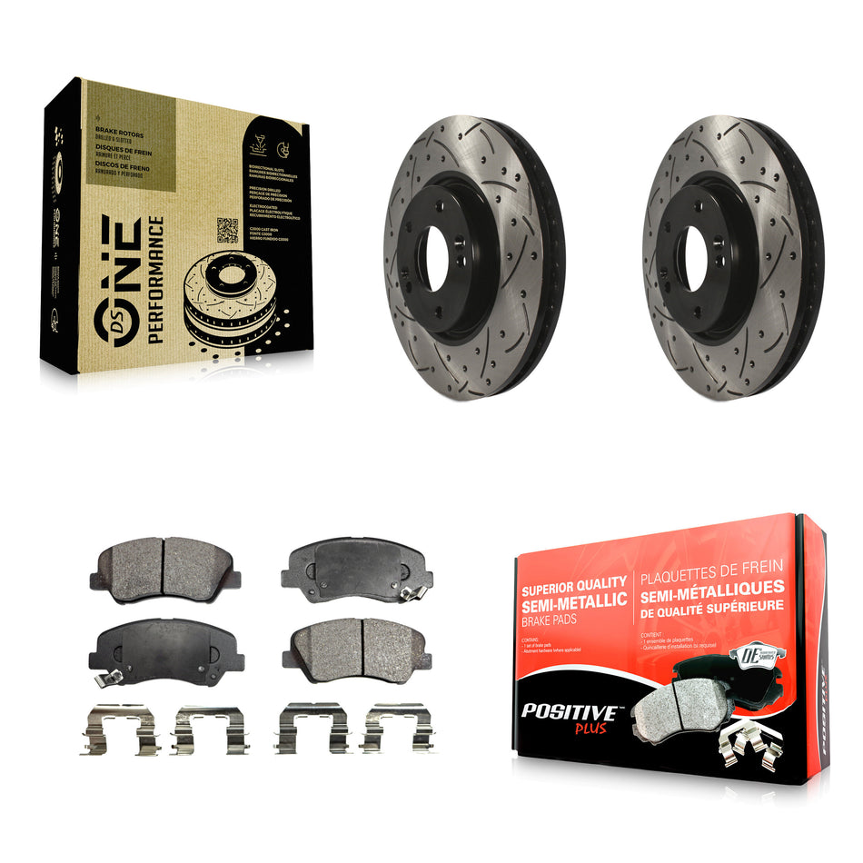 Front Coated Drilled Slotted Disc Brake Rotors And Semi-Metallic Pads Kit For 2015 Hyundai Veloster Tech RE FLEX SE KDF-100090