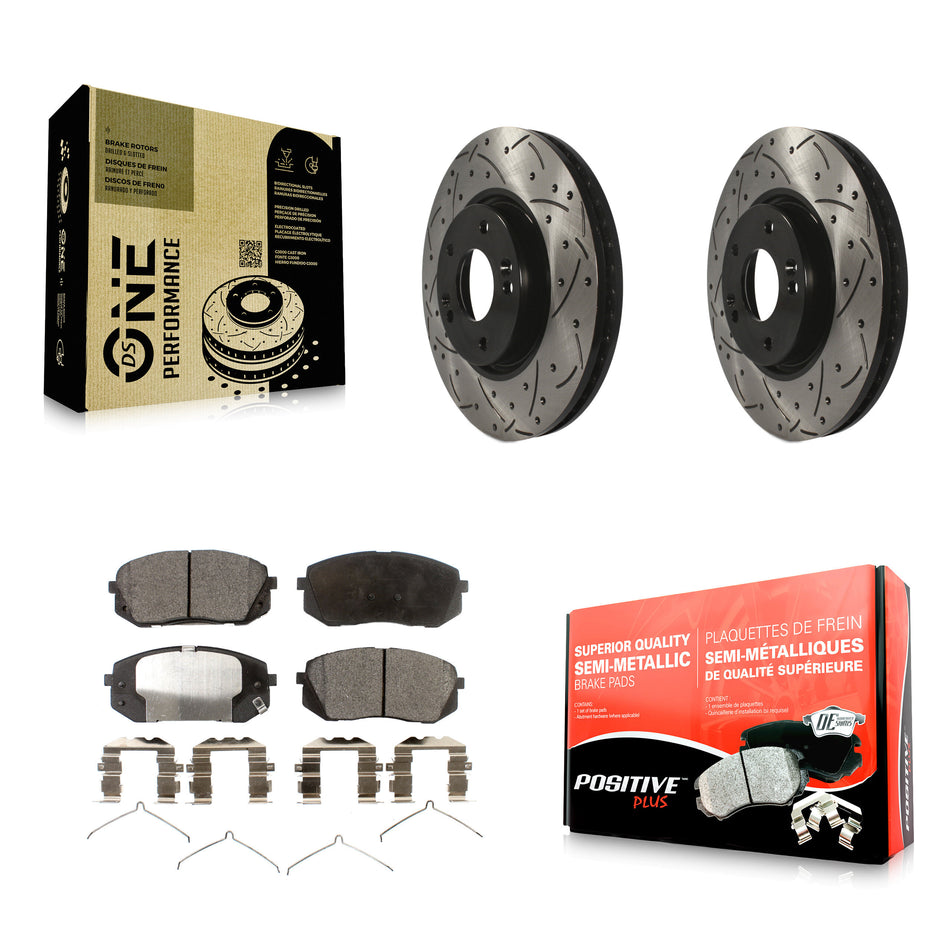Front Coated Drilled Slotted Disc Brake Rotors And Semi-Metallic Pads Kit For 2016 Hyundai Sonata FULL HYBRID EV-GAS (FHEV) engine KDF-100092