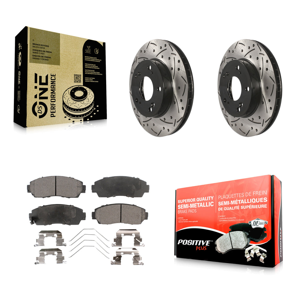 Front Coated Drilled Slotted Disc Brake Rotors And Semi-Metallic Pads Kit For 2015 Honda Civic LX SE with Manual transmission KDF-100150