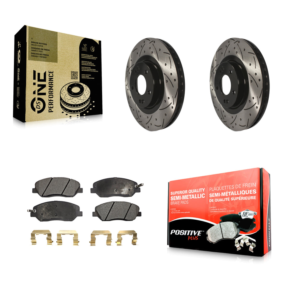 Front Coated Drilled Slotted Disc Brake Rotors And Semi-Metallic Pads Kit For 2013-2016 Hyundai Santa Fe XL 3.3L KDF-100154