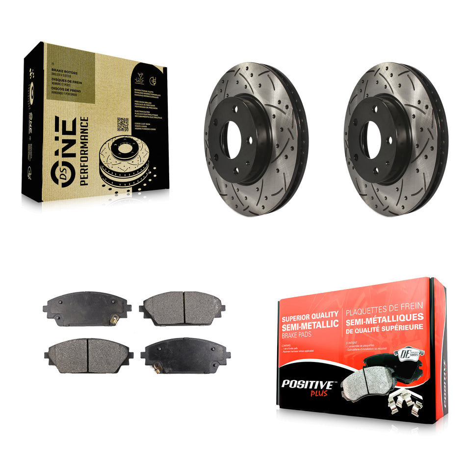 Front Coated Drilled Slotted Disc Brake Rotors And Semi-Metallic Pads Kit For 2016-2021 Mazda CX-3 FWD KDF-100173
