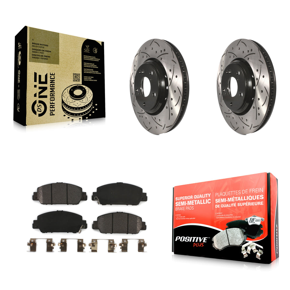 Front Coated Drilled Slotted Disc Brake Rotors And Semi-Metallic Pads Kit For 2017 Honda Accord Hybrid EX-L Touring KDF-100183