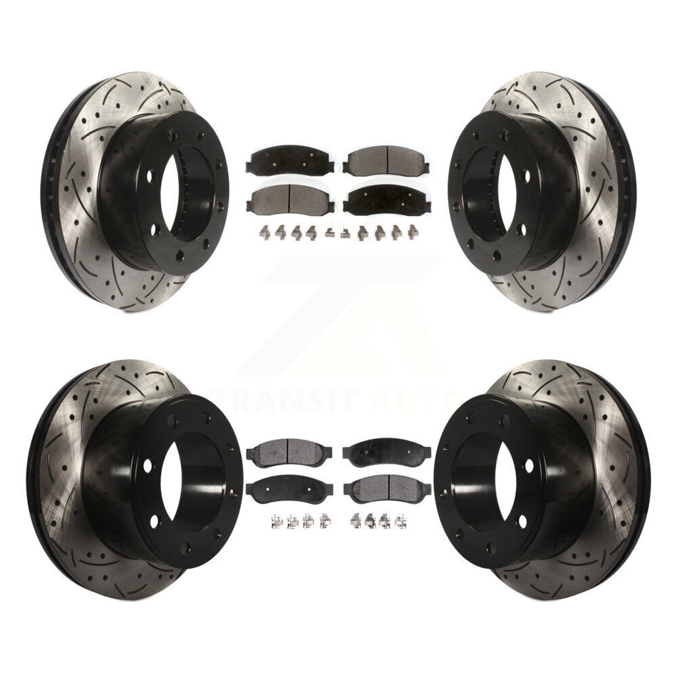 Front Rear Coated Drilled Slotted Disc Brake Rotors And Semi-Metallic Pads Kit For Ford F-250 Super Duty F-350 With Single Wheels 4WD KDF-100209