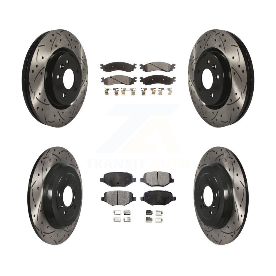 Front Rear Coated Drilled Slotted Disc Brake Rotors And Semi-Metallic Pads Kit For 2010-2012 Ford Taurus SHO KDF-100221