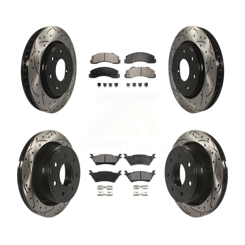 Front Rear Coated Drilled Slotted Disc Brake Rotors And Semi-Metallic Pads Kit For 2012-2014 Ford F-150 With 7 Lug Wheels KDF-100227