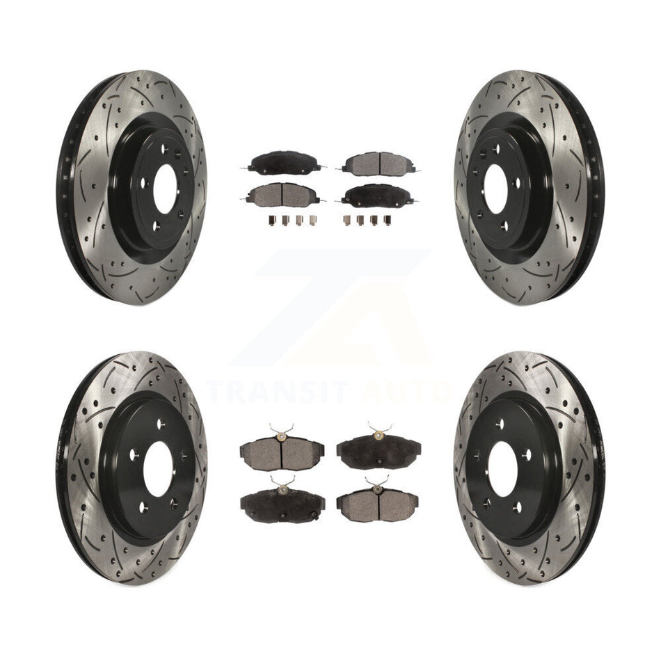 Front Rear Coated Drilled Slotted Disc Brake Rotors And Semi-Metallic Pads Kit For Ford Mustang KDF-100228