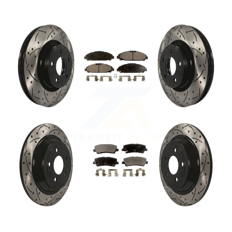 Front Rear Coated Drilled Slotted Disc Brake Rotors And Semi-Metallic Pads Kit For Ford Mustang KDF-100238
