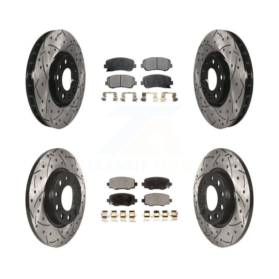 Front Rear Coated Drilled Slotted Disc Brake Rotors And Semi-Metallic Pads Kit For 2015-2017 Chrysler 200 With 305mm Diameter Rotor KDF-100265