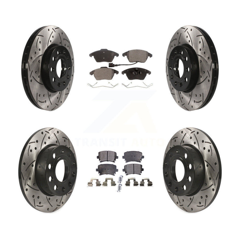 Front Rear Coated Drilled Slotted Disc Brake Rotors And Semi-Metallic Pads Kit For 2006-2009 Volkswagen Rabbit KDF-100298