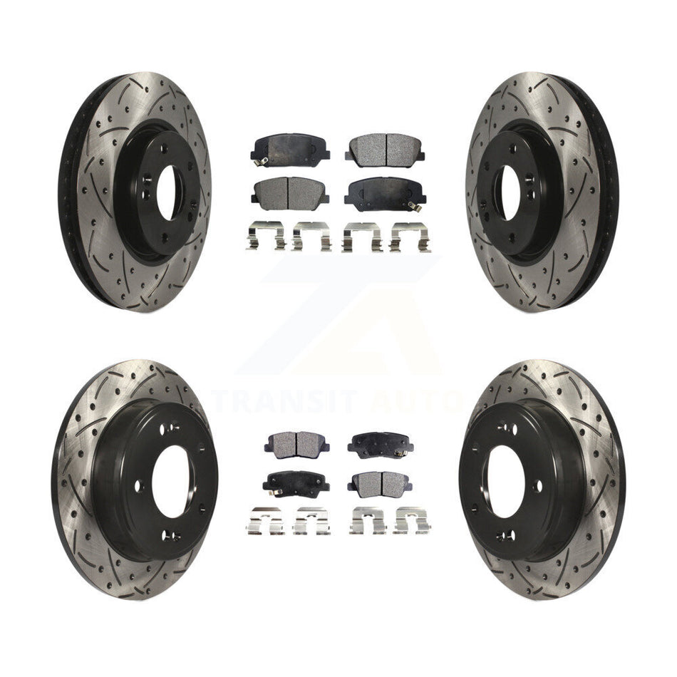 Front Rear Coated Drilled Slotted Disc Brake Rotors And Semi-Metallic Pads Kit For Hyundai Veloster Kia Forte Koup KDF-100302