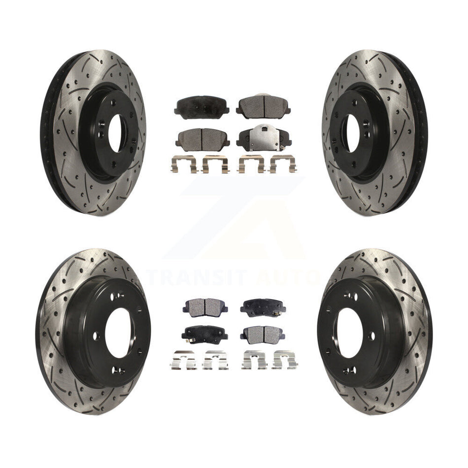 Front Rear Coated Drilled Slotted Disc Brake Rotors And Semi-Metallic Pads Kit For Kia Forte Forte5 Koup KDF-100304