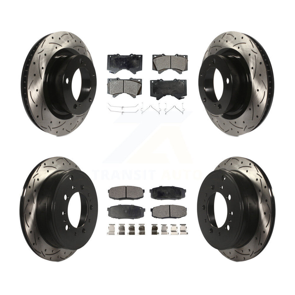 Front Rear Coated Drilled Slotted Disc Brake Rotors And Semi-Metallic Pads Kit For Toyota Tundra Sequoia Lexus LX570 Land Cruiser KDF-100324