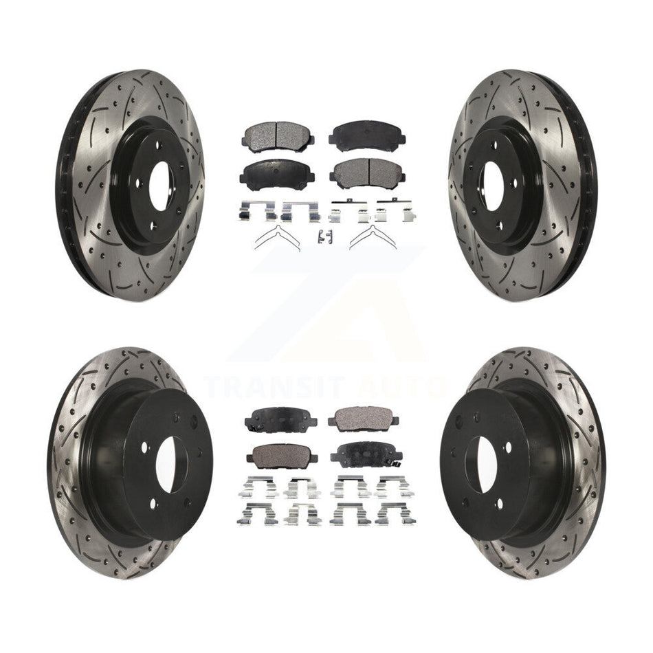 Front Rear Coated Drilled Slotted Disc Brake Rotors And Semi-Metallic Pads Kit For 2007-2012 Nissan Sentra SE-R Spec V KDF-100338