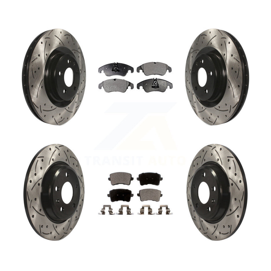 Front Rear Coated Drilled Slotted Disc Brake Rotors And Semi-Metallic Pads Kit For 2009-2010 Audi Q5 With 345mm Diameter Rotor KDF-100345