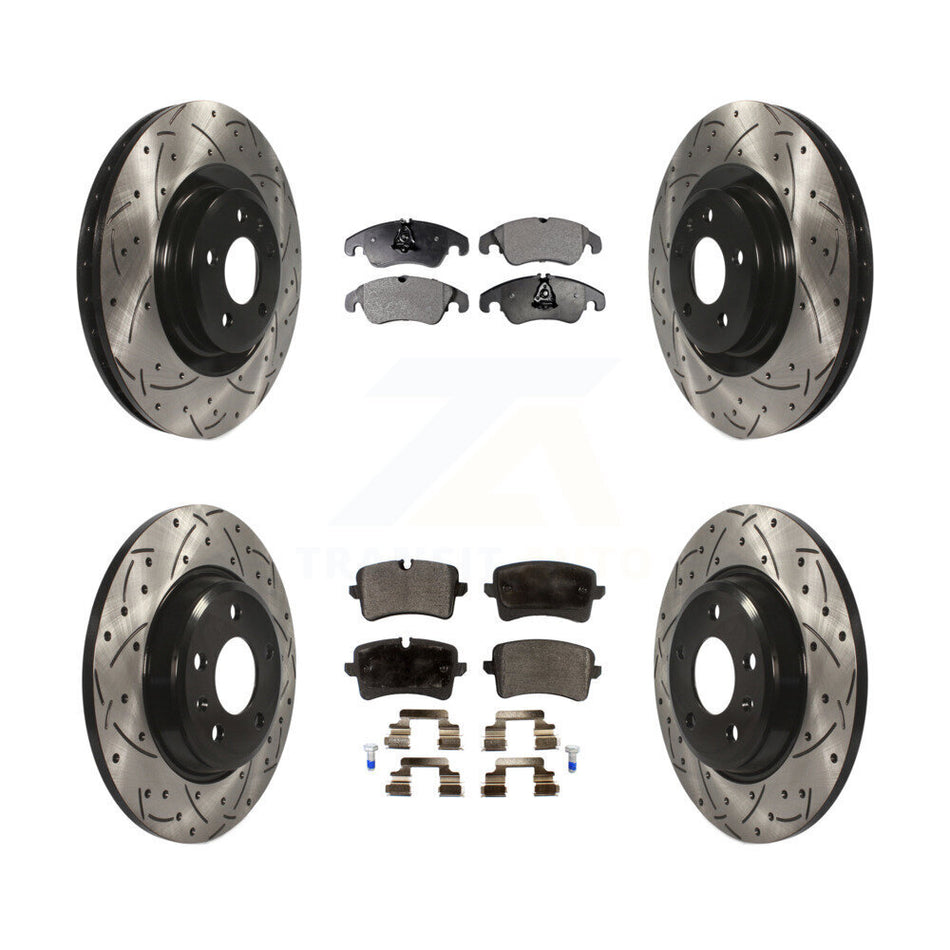 Front Rear Coated Drilled Slotted Disc Brake Rotors And Semi-Metallic Pads Kit For 2013 Audi A6 With 345mm Diameter Rotor KDF-100346