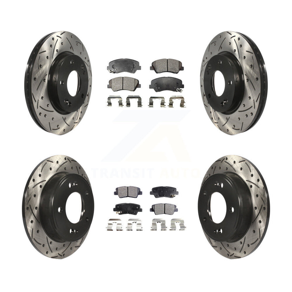 Front Rear Coated Drilled Slotted Disc Brake Rotors And Semi-Metallic Pads Kit For Hyundai Elantra Kia Forte Veloster GT Forte5 Coupe Koup KDF-100362