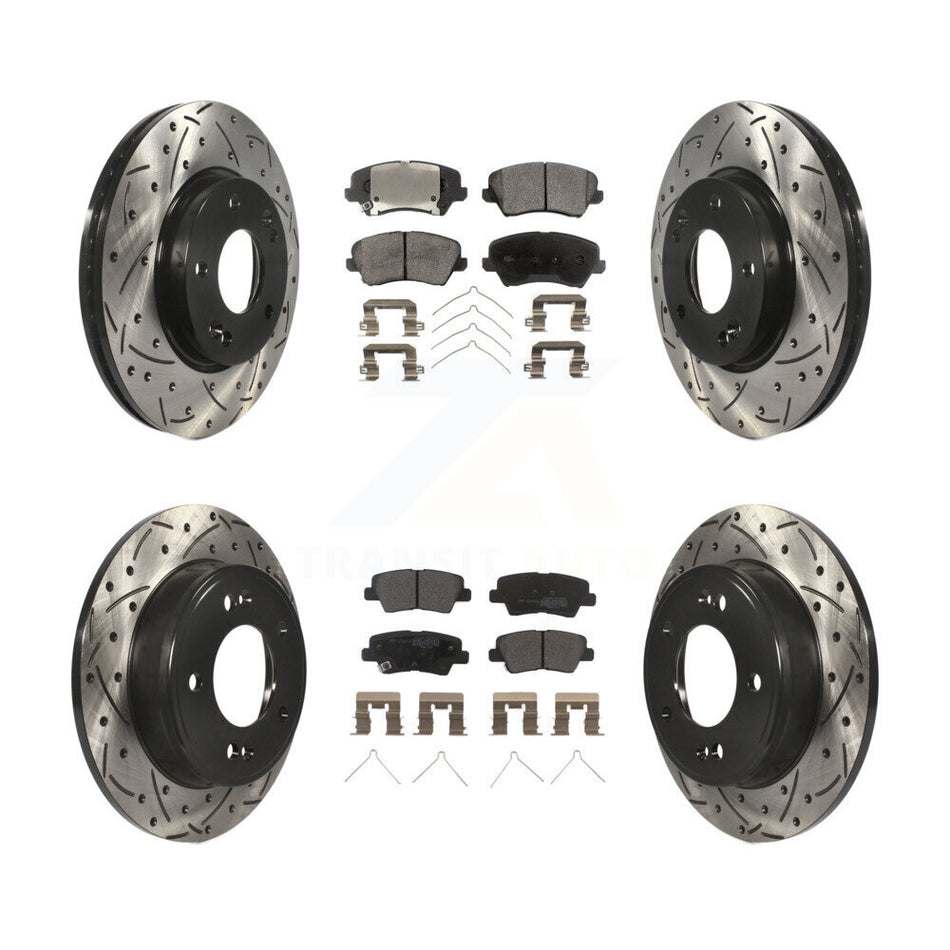 Front Rear Coated Drilled Slotted Disc Brake Rotors And Semi-Metallic Pads Kit For Hyundai Veloster Elantra GT KDF-100364