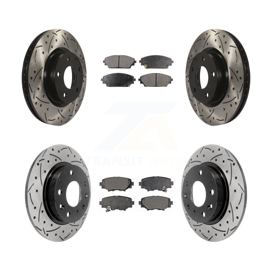 Front Rear Coated Drilled Slotted Disc Brake Rotors And Semi-Metallic Pads Kit For Mazda 3 Sport 2.5L KDF-100391