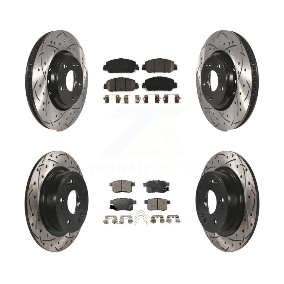 Front Rear Coated Drilled Slotted Disc Brake Rotors And Semi-Metallic Pads Kit For 2017 Honda Accord Hybrid EX-L Touring KDF-100406