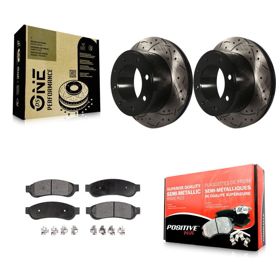 Rear Coated Drilled Slotted Disc Brake Rotors And Semi-Metallic Pads Kit For Ford F-250 Super Duty F-350 KDF-100440
