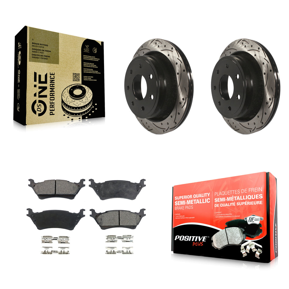 Rear Coated Drilled Slotted Disc Brake Rotors And Semi-Metallic Pads Kit For 2012-2014 Ford F-150 With 7 Lug Wheels KDF-100447