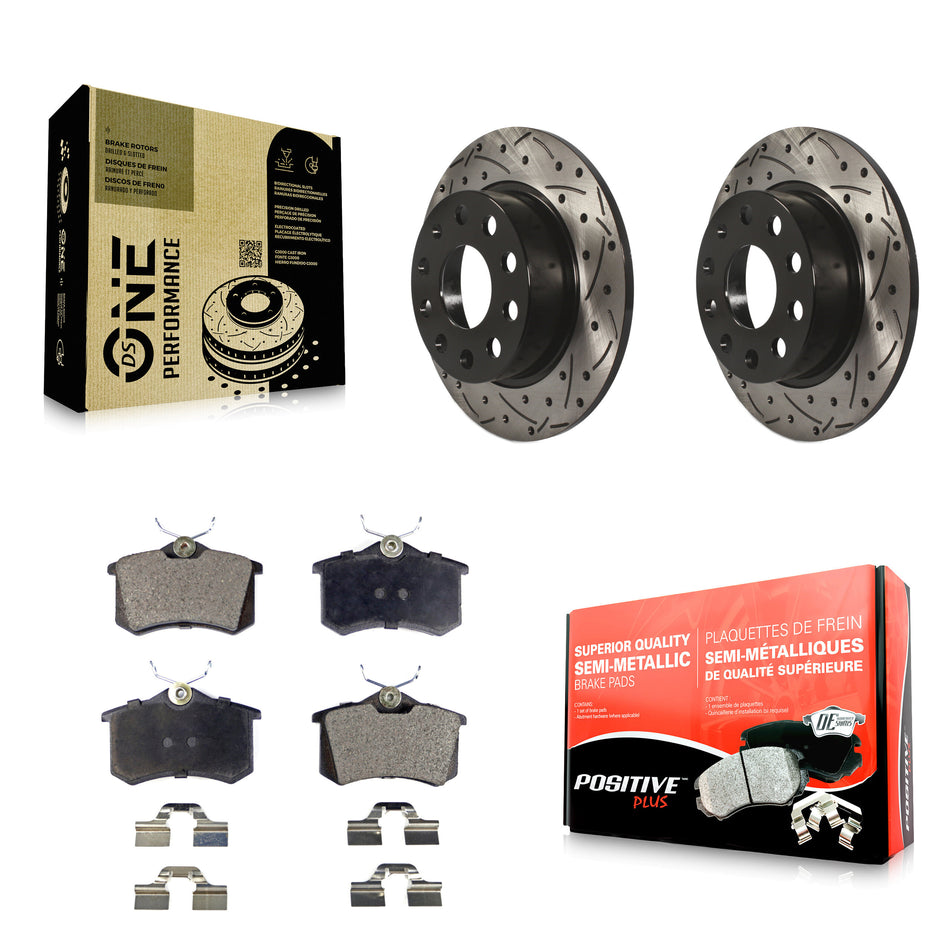 Rear Coated Drilled Slotted Disc Brake Rotors And Semi-Metallic Pads Kit For 2011 Volkswagen Jetta With 253mm Diameter Rotor KDF-100515