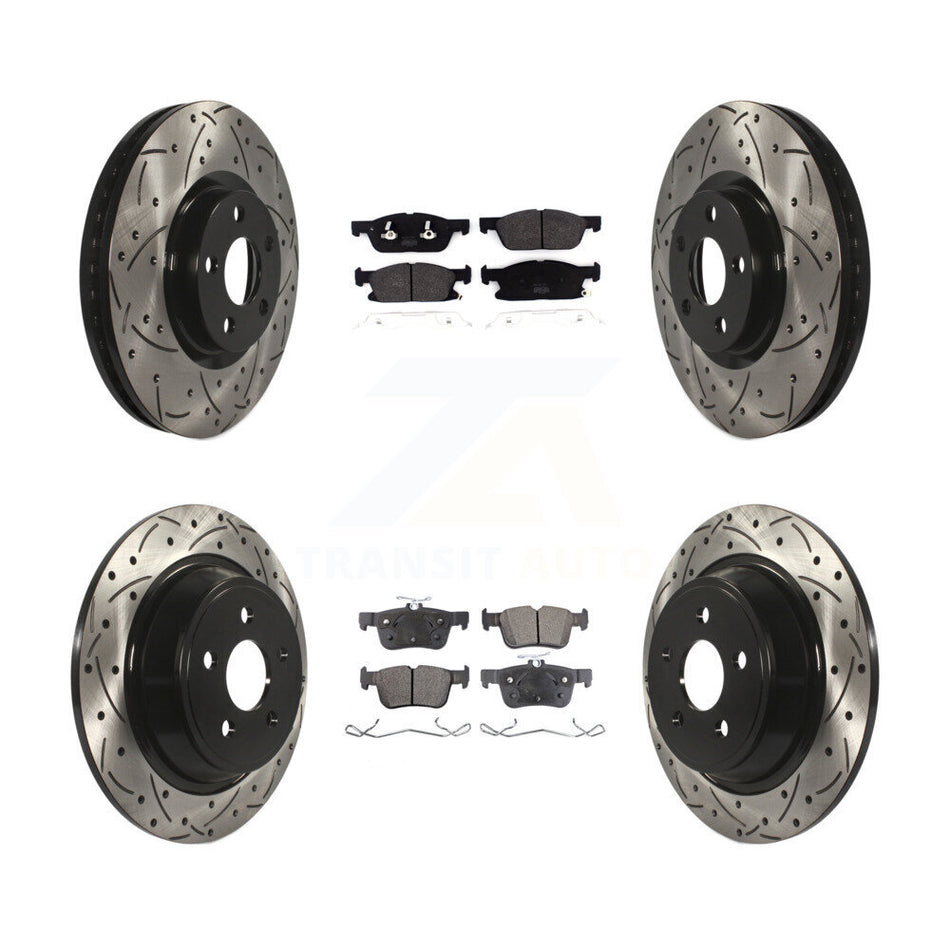 Front Rear Coated Drilled Slotted Disc Brake Rotors And Semi-Metallic Pads Kit For 2018 Lincoln Continental With 316mm Diameter Rotor KDF-100566