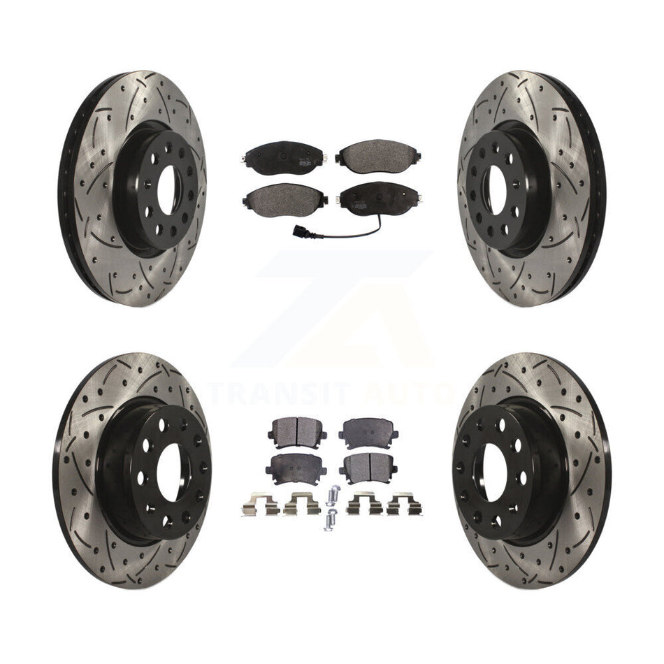 Front Rear Coated Drilled Slotted Disc Brake Rotors And Semi-Metallic Pads Kit For 2015 Volkswagen GTI With Performance Package KDF-100574