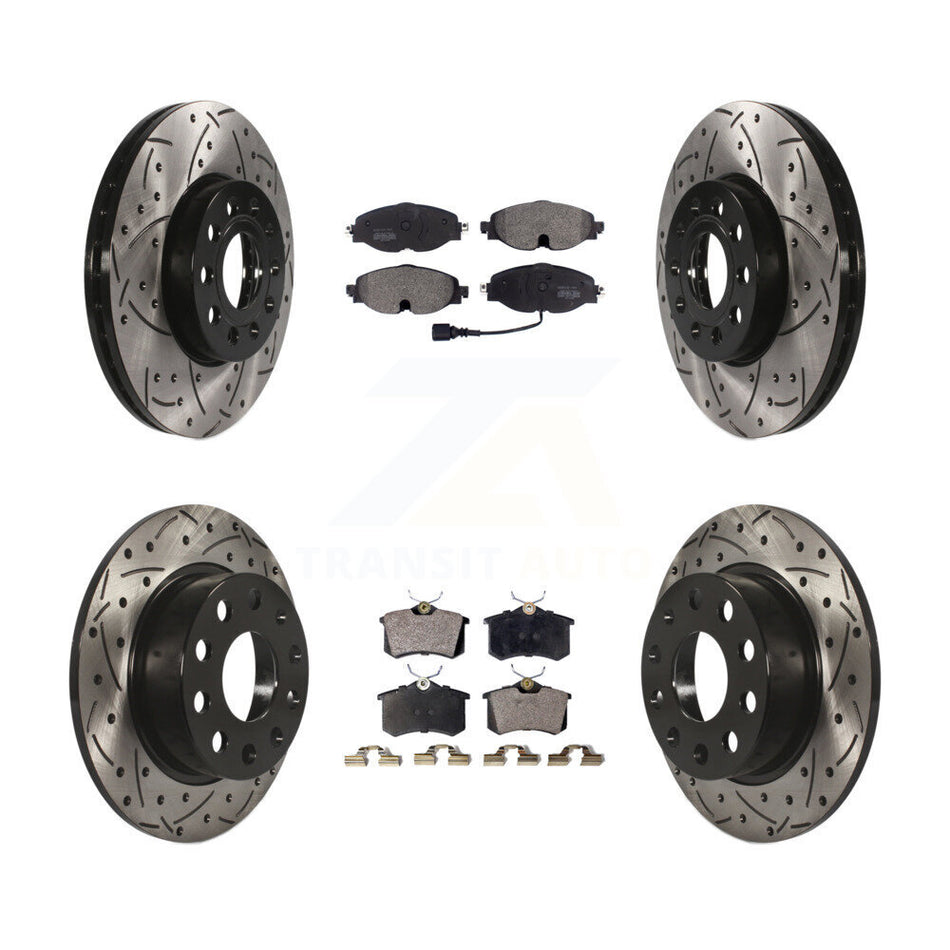 Front Rear Coated Drilled Slotted Disc Brake Rotor & Semi-Metallic Pad Kit For 2015 Volkswagen Golf SportWagen TDI SE SEL Highline Comfortline Trendline S KDF-100581