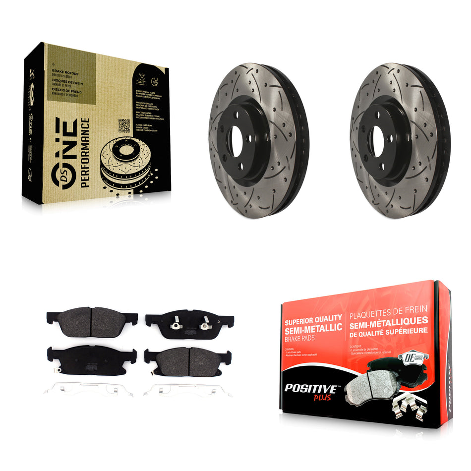 Front Coated Drilled Slotted Disc Brake Rotors And Semi-Metallic Pads Kit For 2018 Lincoln Continental With 316mm Diameter Rotor KDF-100591