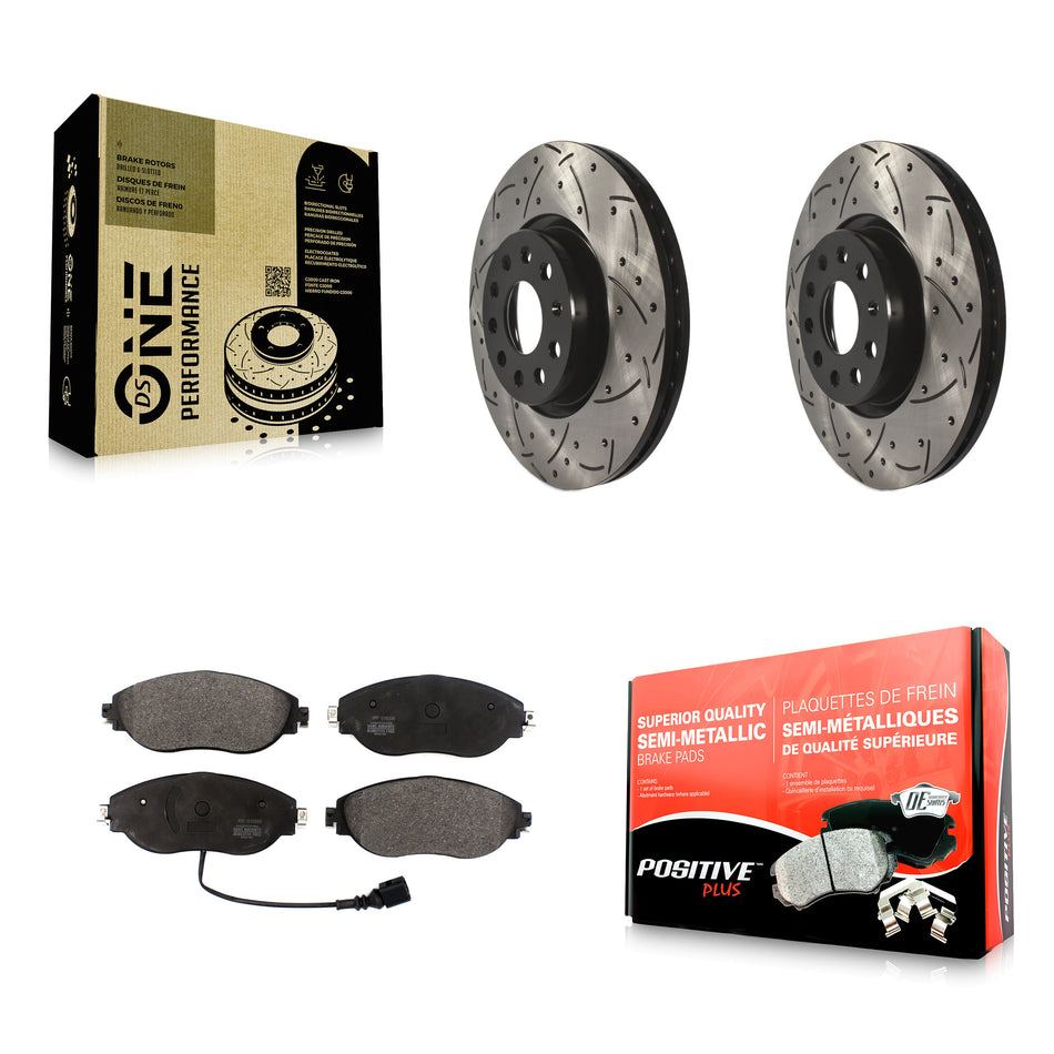 Front Coated Drilled Slotted Disc Brake Rotors And Semi-Metallic Pads Kit For 2015 Volkswagen GTI With Performance Package KDF-100596